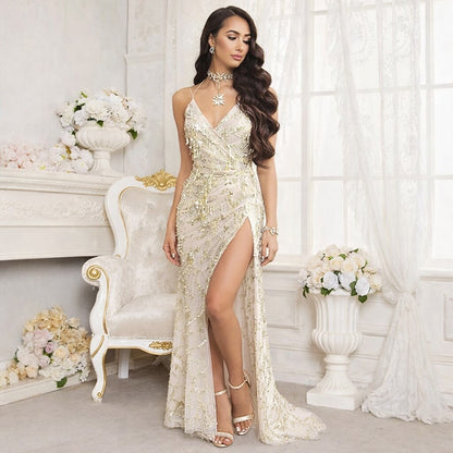 Spaghetti Strap Split Front Beaded Mesh Gown