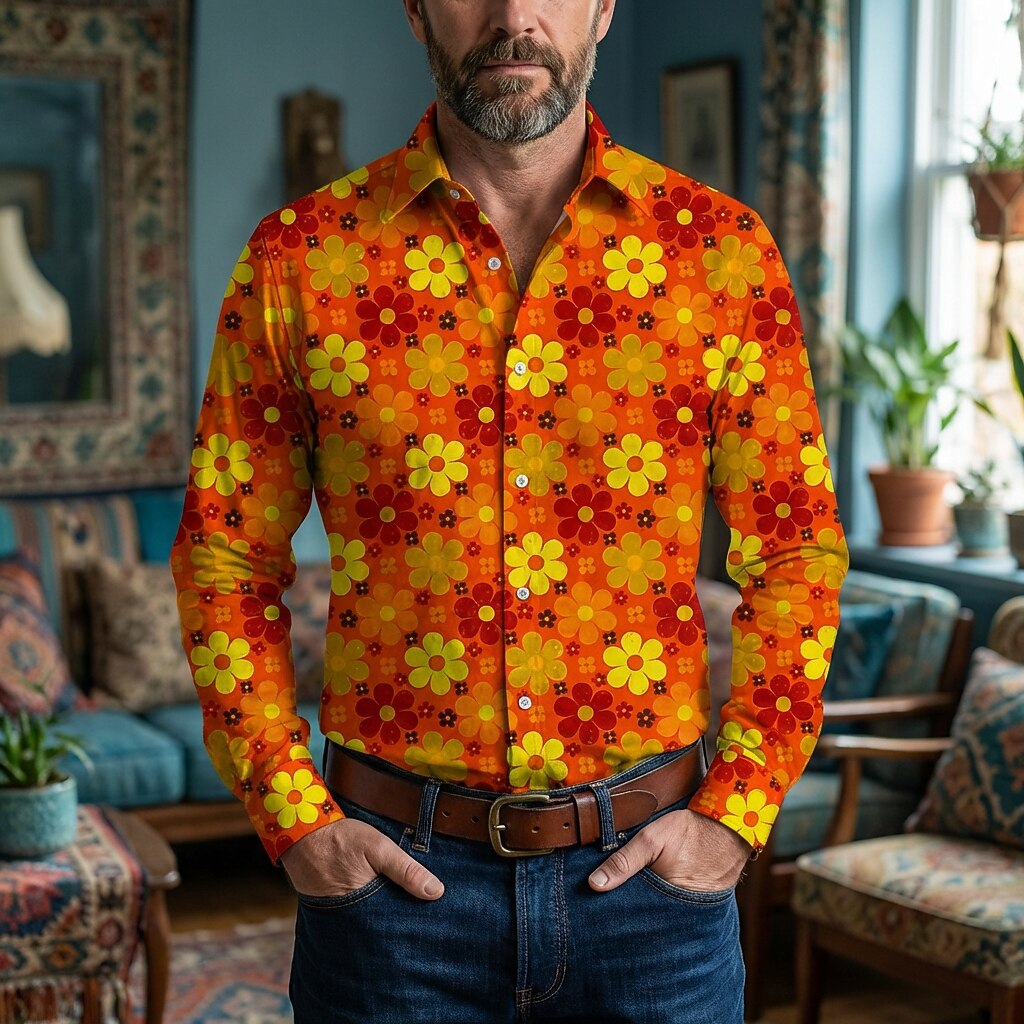 Retro 70S Groovy Floral Daisy Pattern Long Sleeves Collar Shirt