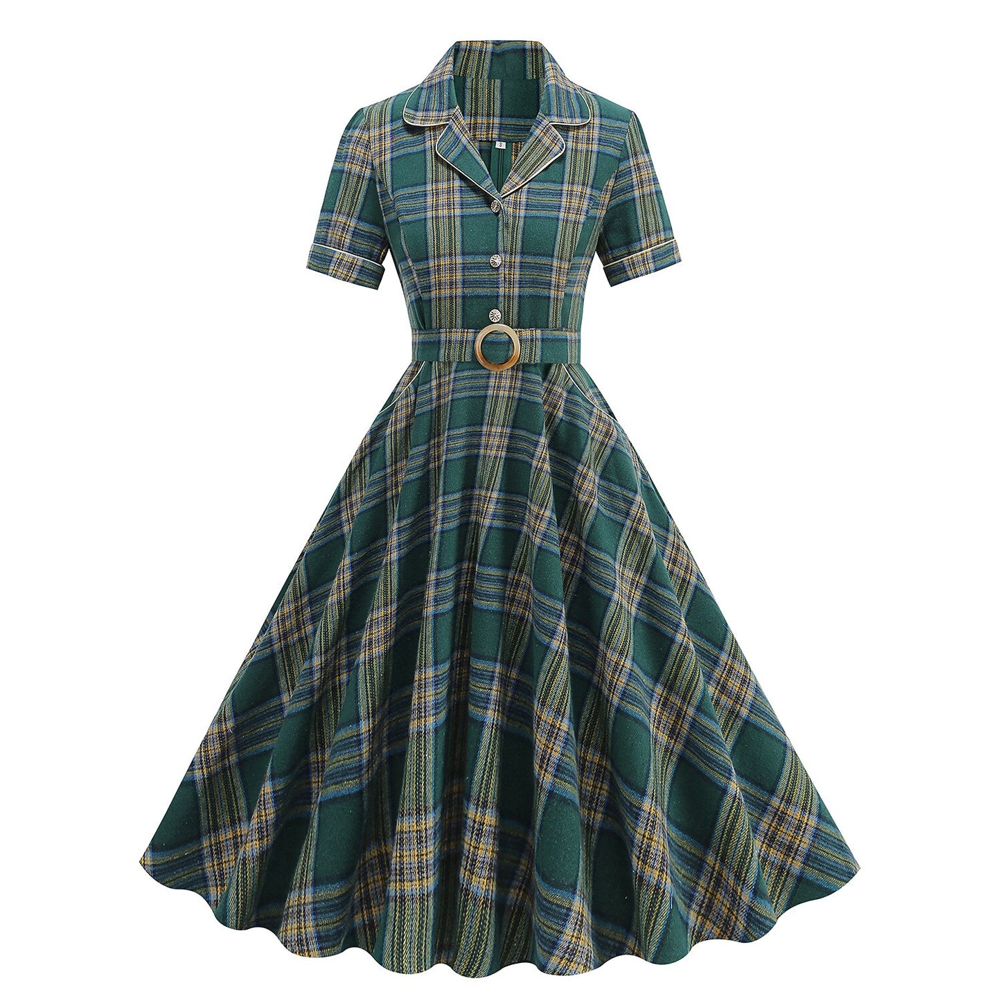Women's 1950s Plaid Lapel Collar Swing Dress