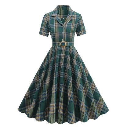 Women's 1950s Plaid Lapel Collar Swing Dress