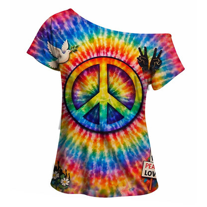 Retro 70s Peace Symbol Tie-Dye One Shoulder Short Sleeves T-shirt