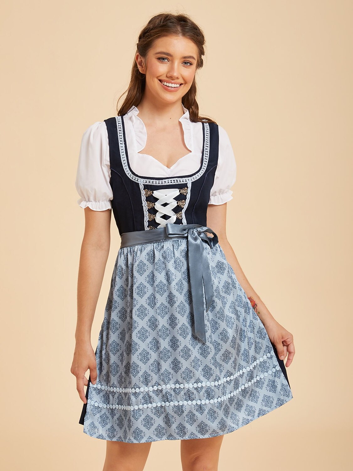 Oktoberfest Blue Mini Dirndl Dress with Lace-Up Bodice