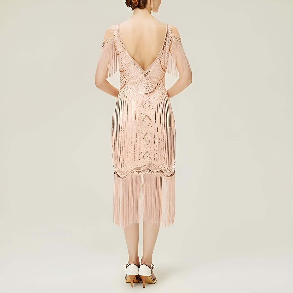 Cold Shoulder Sequin Flapper Dress with Geometric Pattern