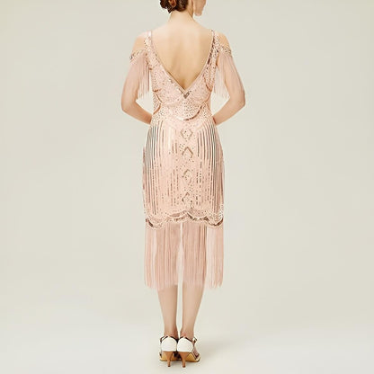 Cold Shoulder Sequin Flapper Dress with Geometric Pattern