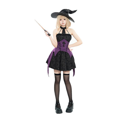 Gothic Witch Costume Black Purple Corset Mini Dress with Hat