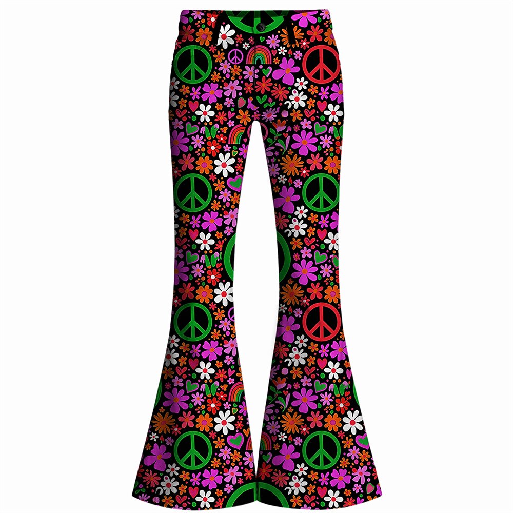 Retro 70s Peace Sign Floral Rainbow High Waist Wide Flared Trousers