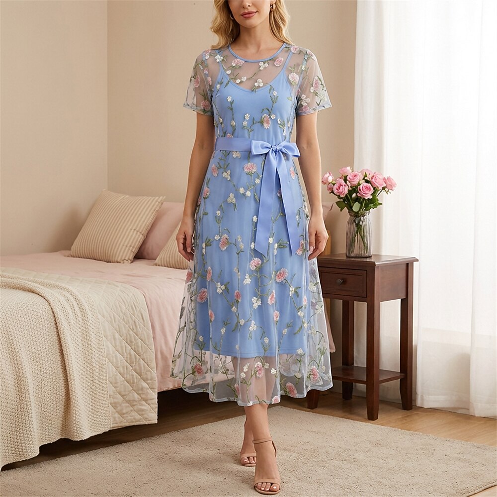 Floral Embroidered Mesh Midi Dress