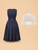 Premium Blue Oktoberfest Dirndl & White V-Neck Lace Blouse Set