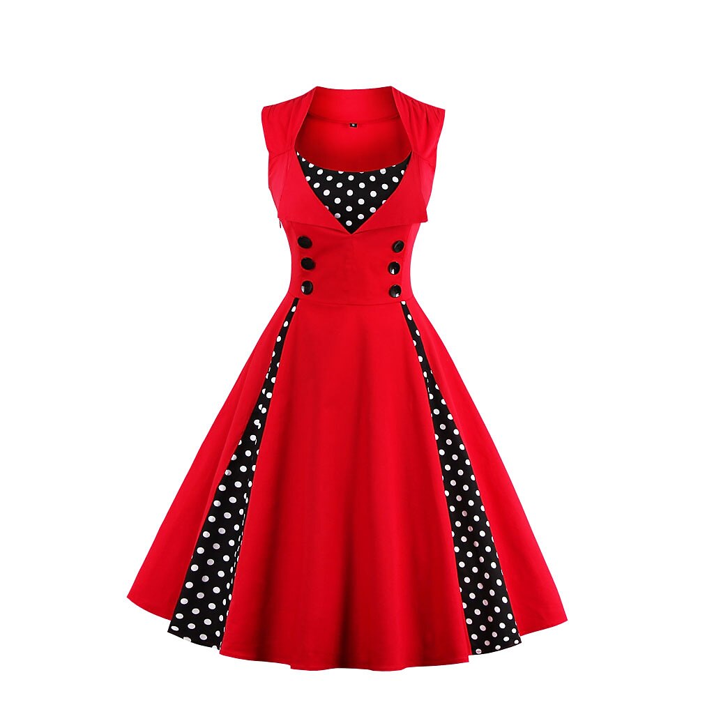 Women's 1950s Polka Dot Patchwork Lapel Collar Sleeveless A-Line Rockabilly Dress
