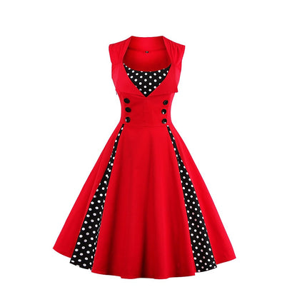 Women's 1950s Polka Dot Patchwork Lapel Collar Sleeveless A-Line Rockabilly Dress
