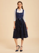 Navy Blue Midi Dirndl Dress with Sequin Embroidered Apron