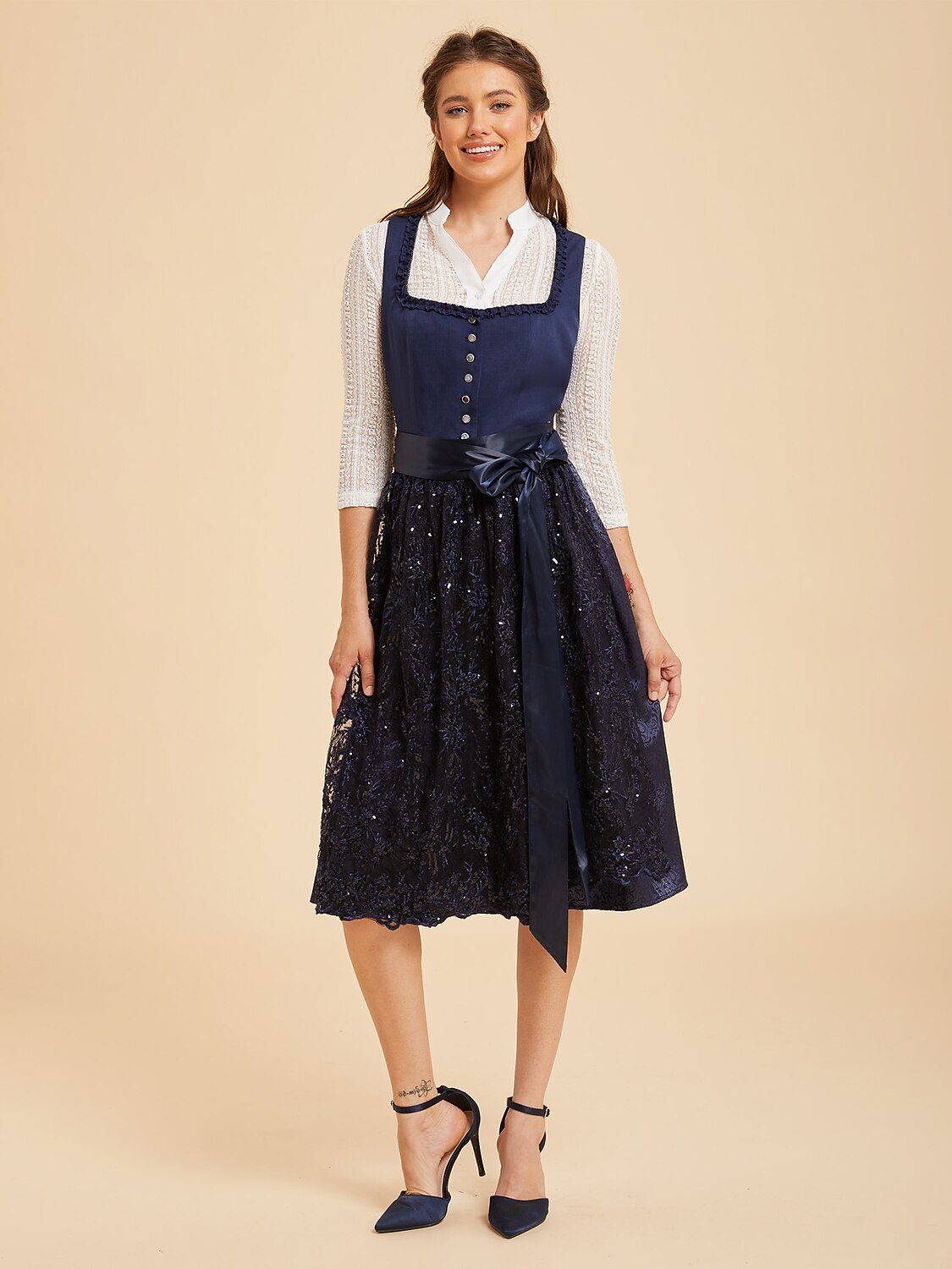 Women’s Oktoberfest Navy Midi Dirndl Dress with Satin Apron