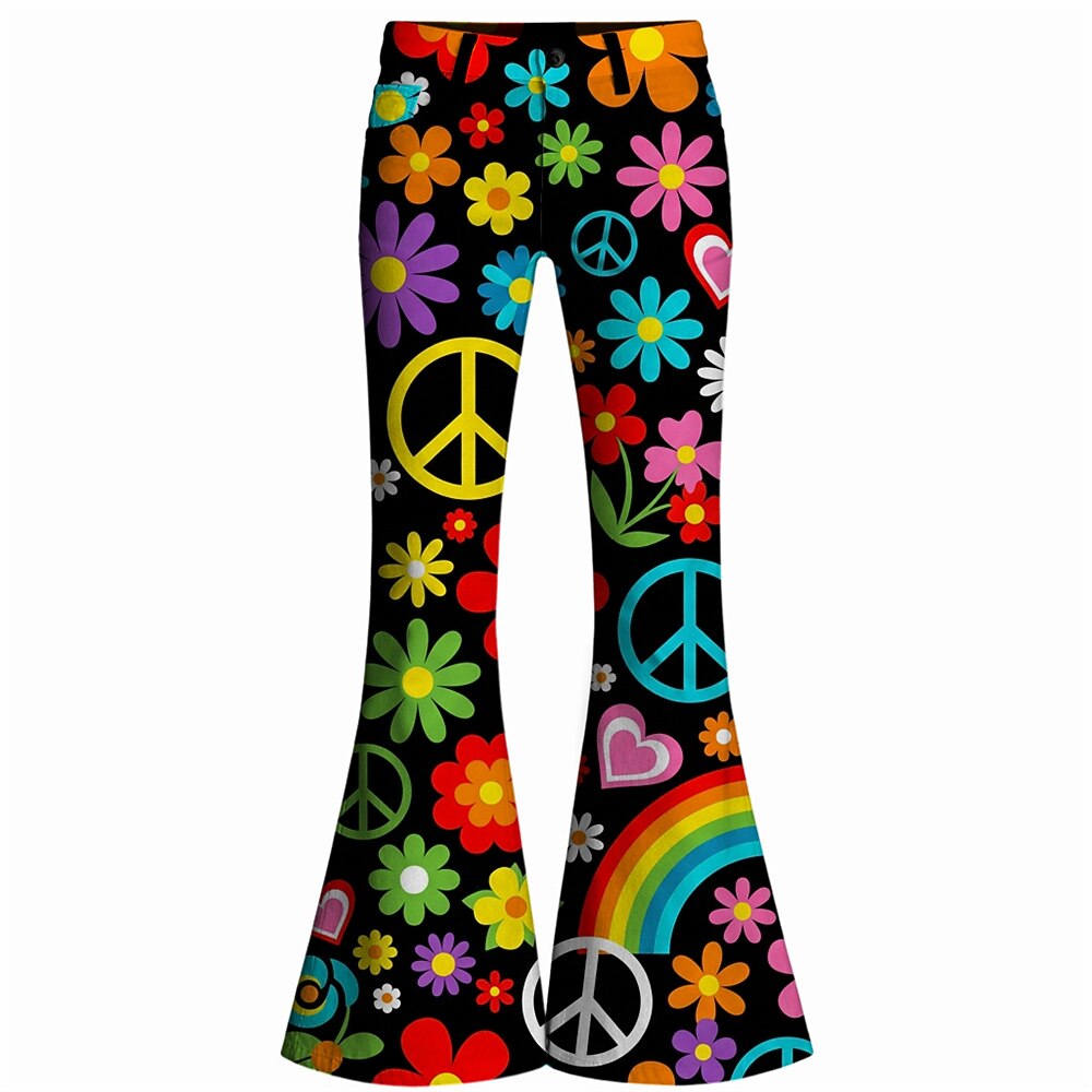 Retro 70s Floral Peace Sign Rainbow High Waist Wide Flared Trousers