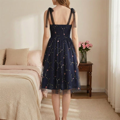 Embroidered Tie Strap Midi Dress