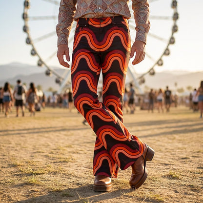 Retro 70s Wavy Orange-Red High Waist Wide Flared Trousers