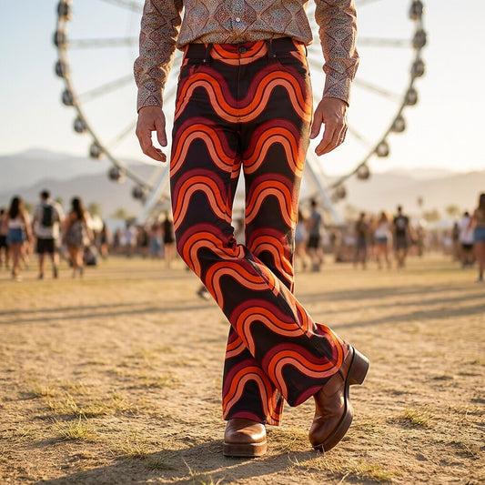 Retro 70s Wavy Orange-Red High Waist Wide Flared Trousers