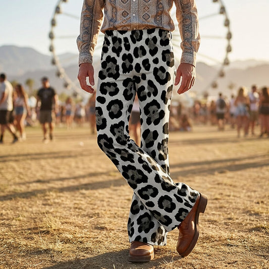 Retro 70s Leopard Print High Waist Wide Flared Trousers
