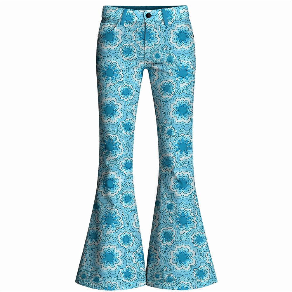Retro 70s Geometric Floral High Waist Wide Flared Trousers