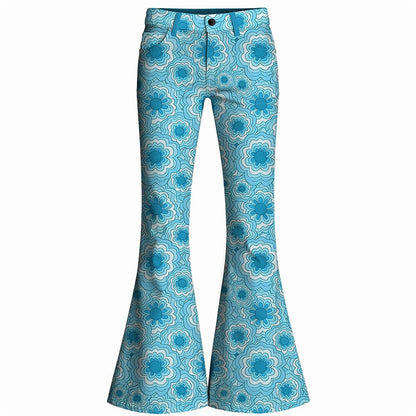 Retro 70s Geometric Floral High Waist Wide Flared Trousers