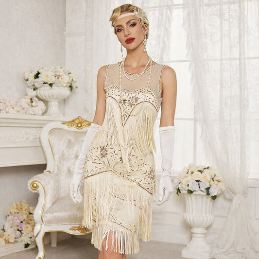 Beaded Detailing Flapper Dress with Sheer Accents