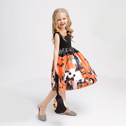 Girls Halloween Pumpkin Print Dress