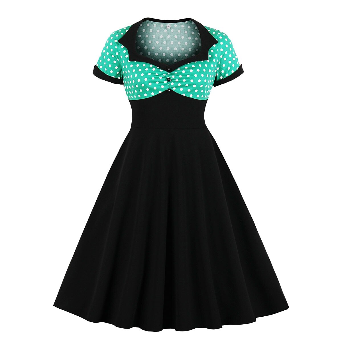 Women's 1950s Polka Dot Patchwork Sweetheart Neck Short Sleeve A-Line Dress