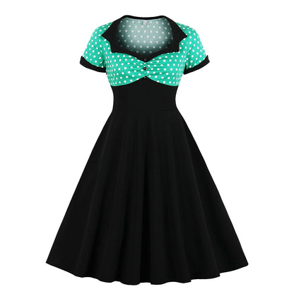 Women's 1950s Polka Dot Patchwork Sweetheart Neck Short Sleeve A-Line Dress