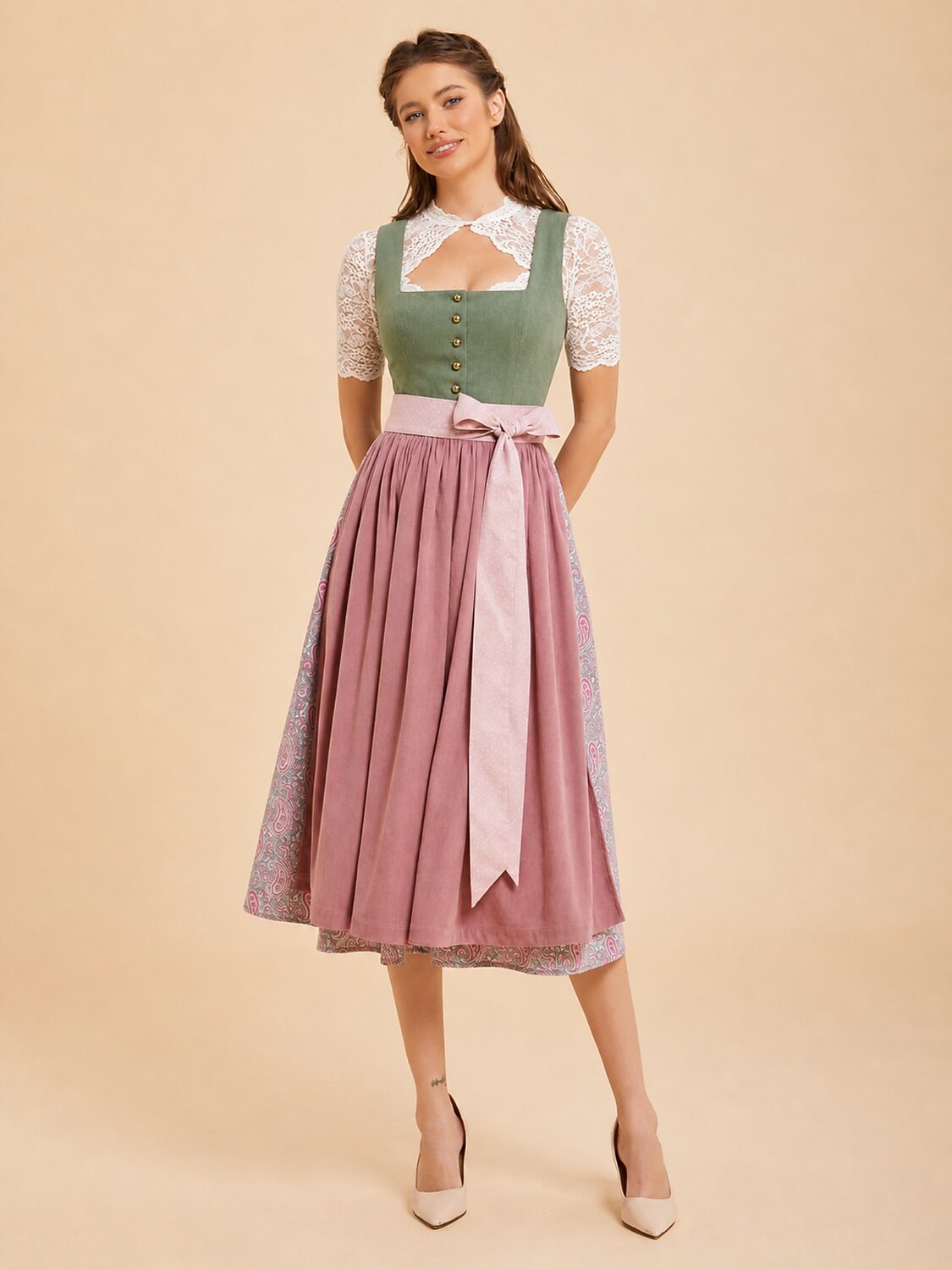 Premium Sage Green & Dusty Rose Oktoberfest Dirndl and White Lace Blouse Set