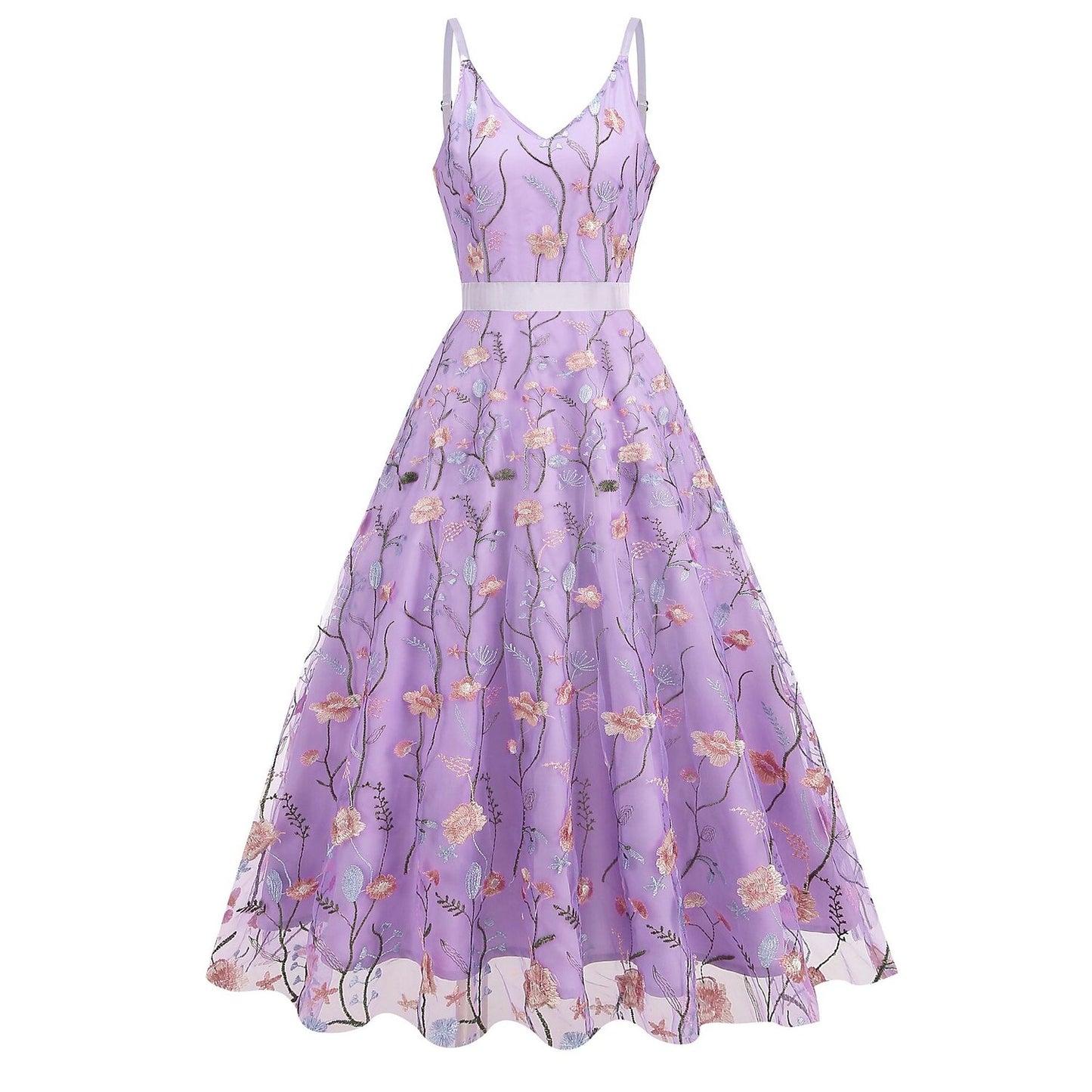 Floral Embroidered V-Neck Midi Dress