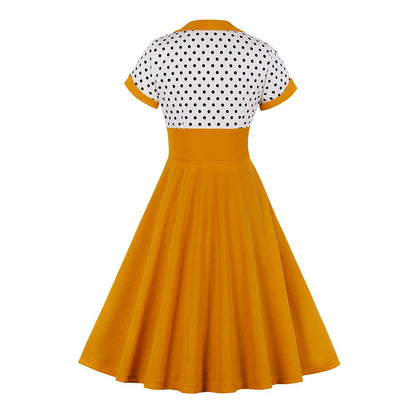 Women's 1950s Polka Dot Patchwork Sweetheart Neck Short Sleeve A-Line Dress