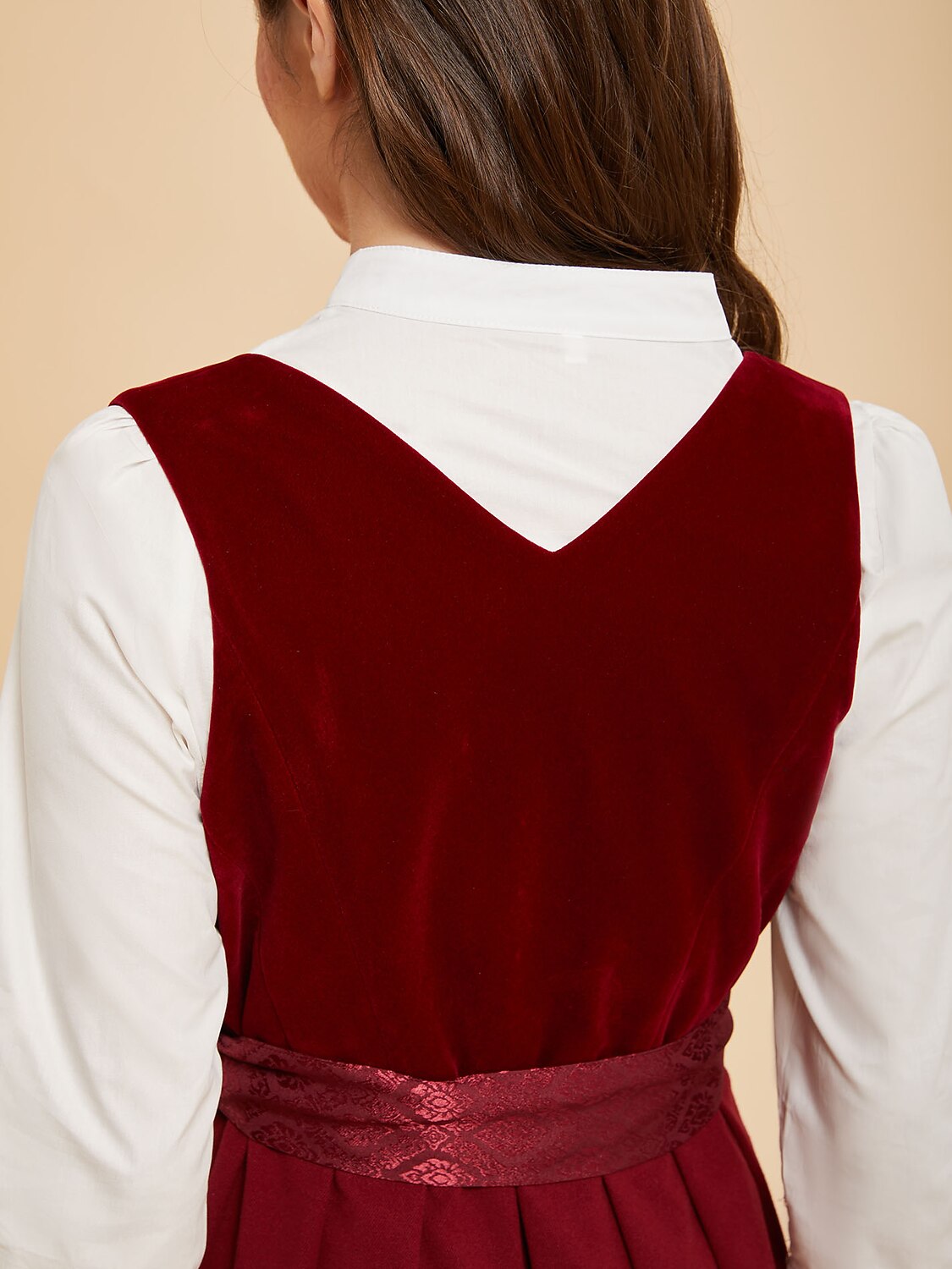 Premium Women’s Oktoberfest Burgundy Midi Dirndl Dress with Jacquard Apron