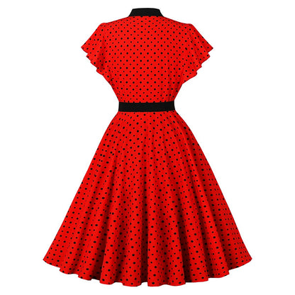 Women's 1950s Polka Dot Bow Tie Neck Short Sleeve A-Line Rockabilly Dress