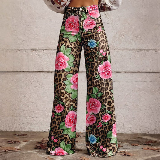 Retro 70s Leopard Floral High Waist Wide Flared Trousers