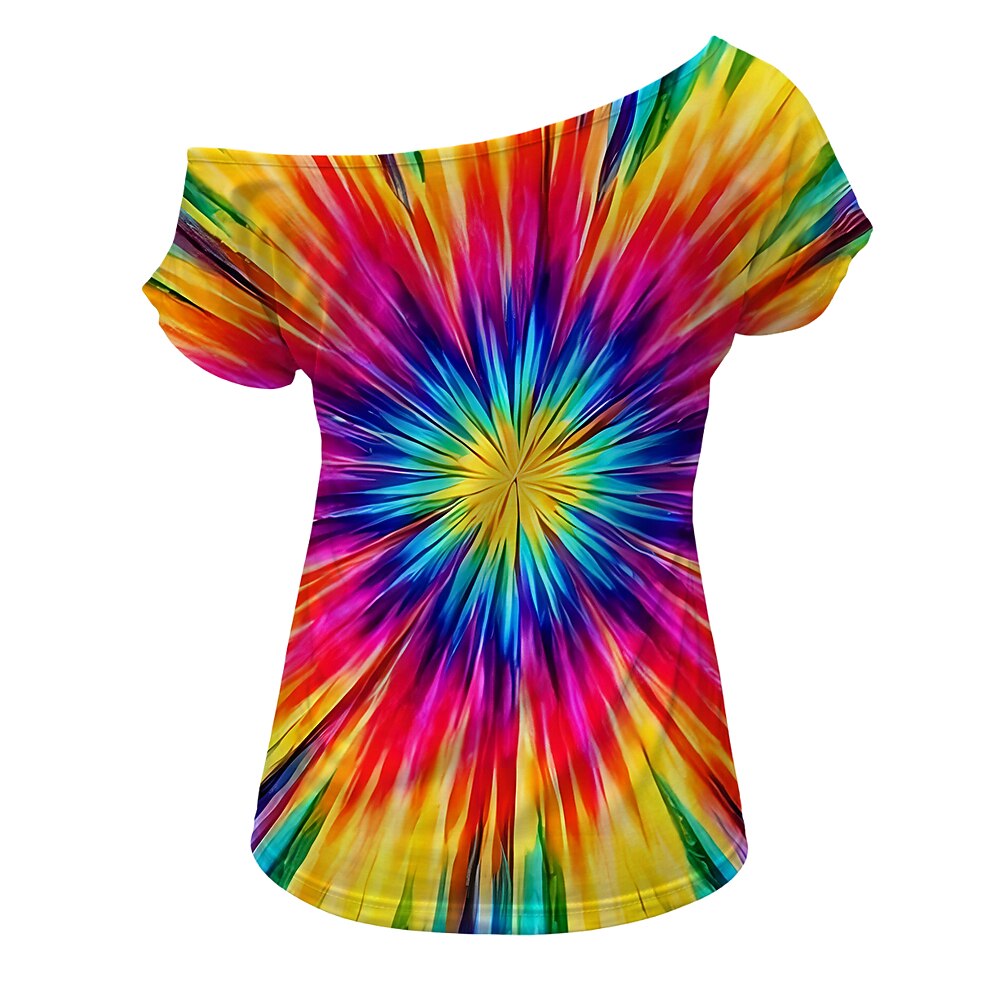 Retro 70s Starburst Tie-Dye One Shoulder Short Sleeves T-shirt