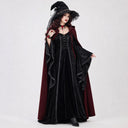 Women's Black Gothic Witch Dress & Burgundy Cloak 4-Piece Costume Set