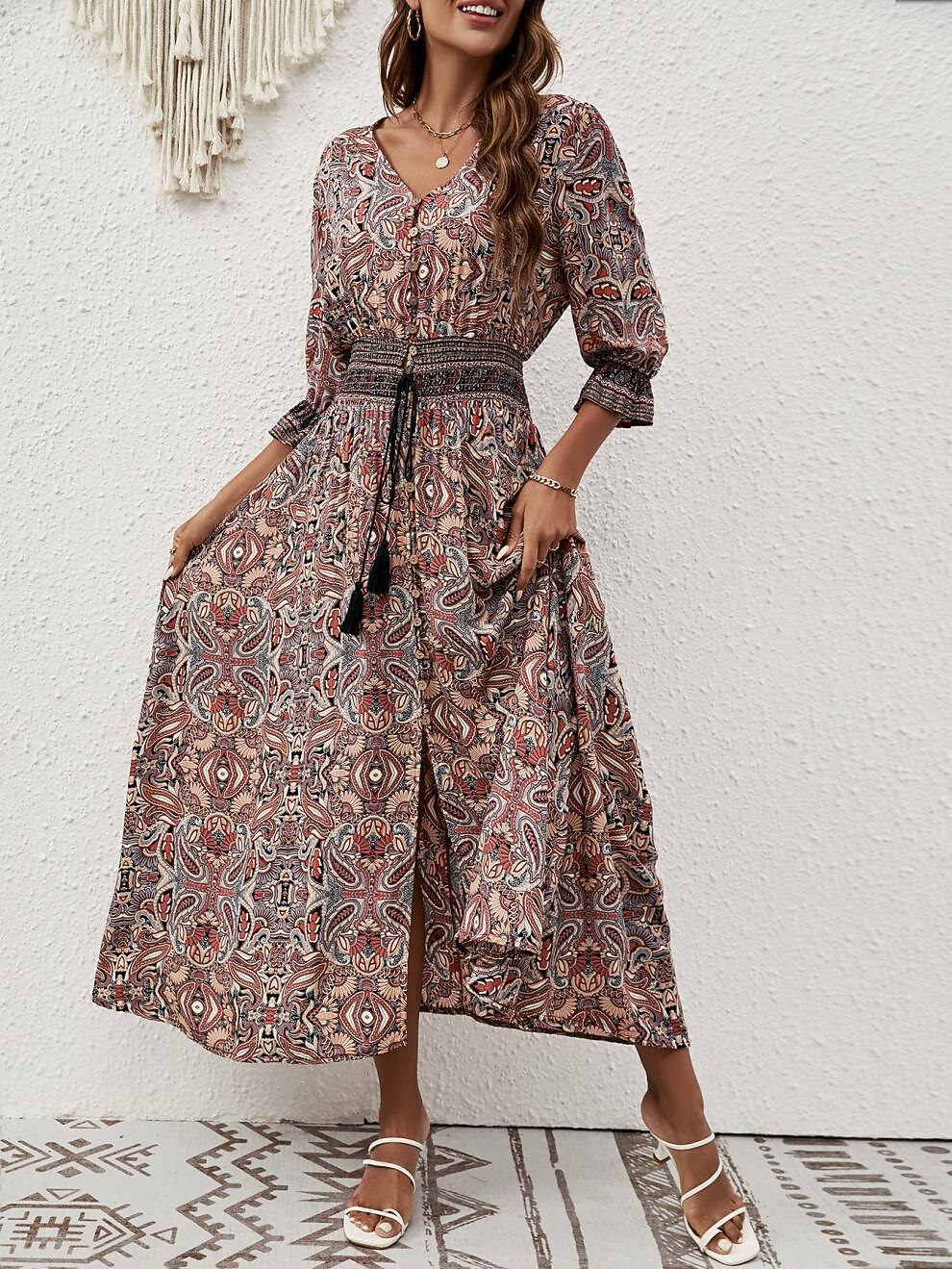Retro 70s Bohemian Paisley V-neck Smocked Waist Midi Dress