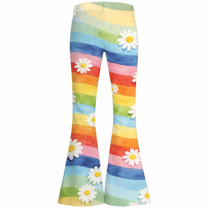 Retro 70s Rainbow Stripe Daisy High Waist Wide Flared Trousers