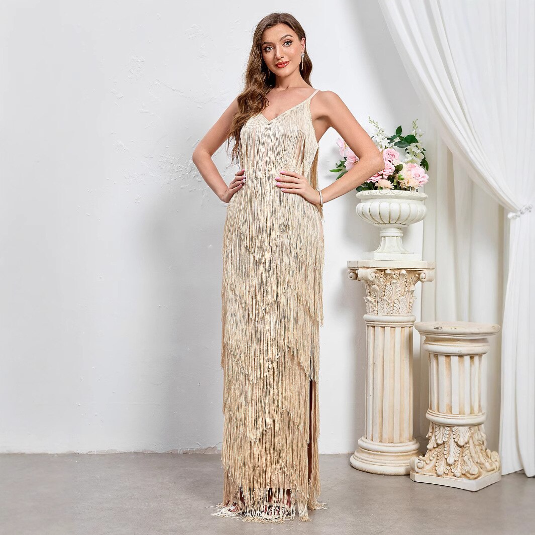 Roaring 20s Spaghetti Strap V-Neck Gown
