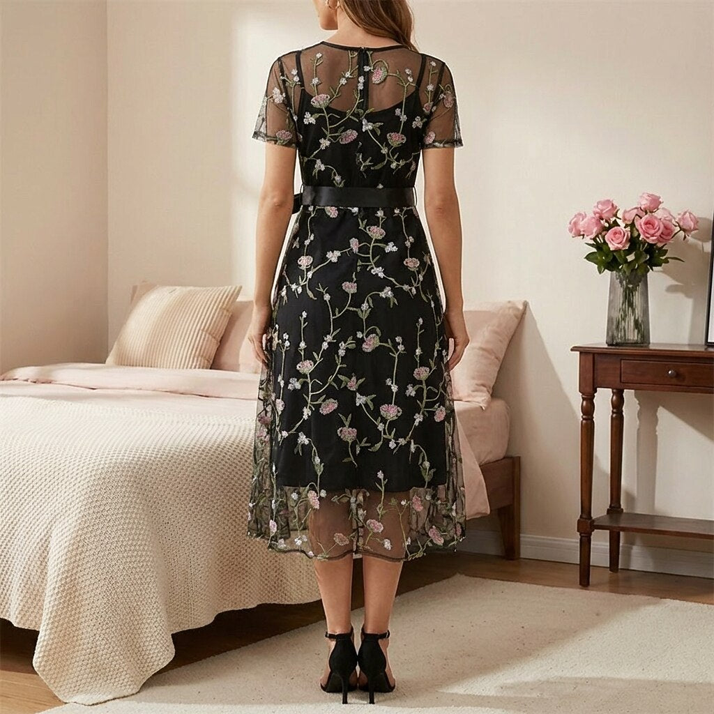 Floral Embroidered Mesh Midi Dress