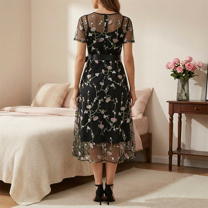 Floral Embroidered Mesh Midi Dress