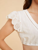 Cotton Cropped Dirndl Blouse with Eyelet Lace Flutter Sleeves
