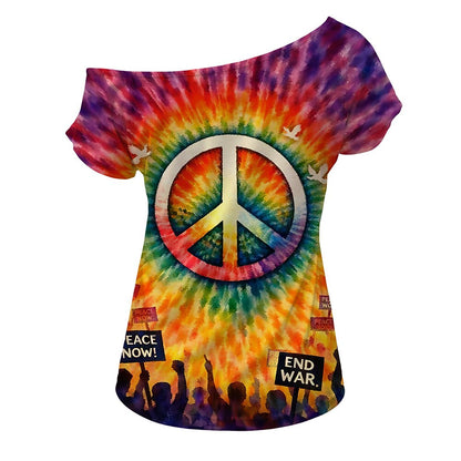 Retro 70s Peace Symbol Tie-Dye One Shoulder Short Sleeves T-shirt