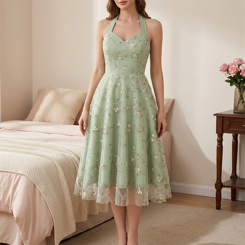 Floral Embroidered Halter Midi Dress