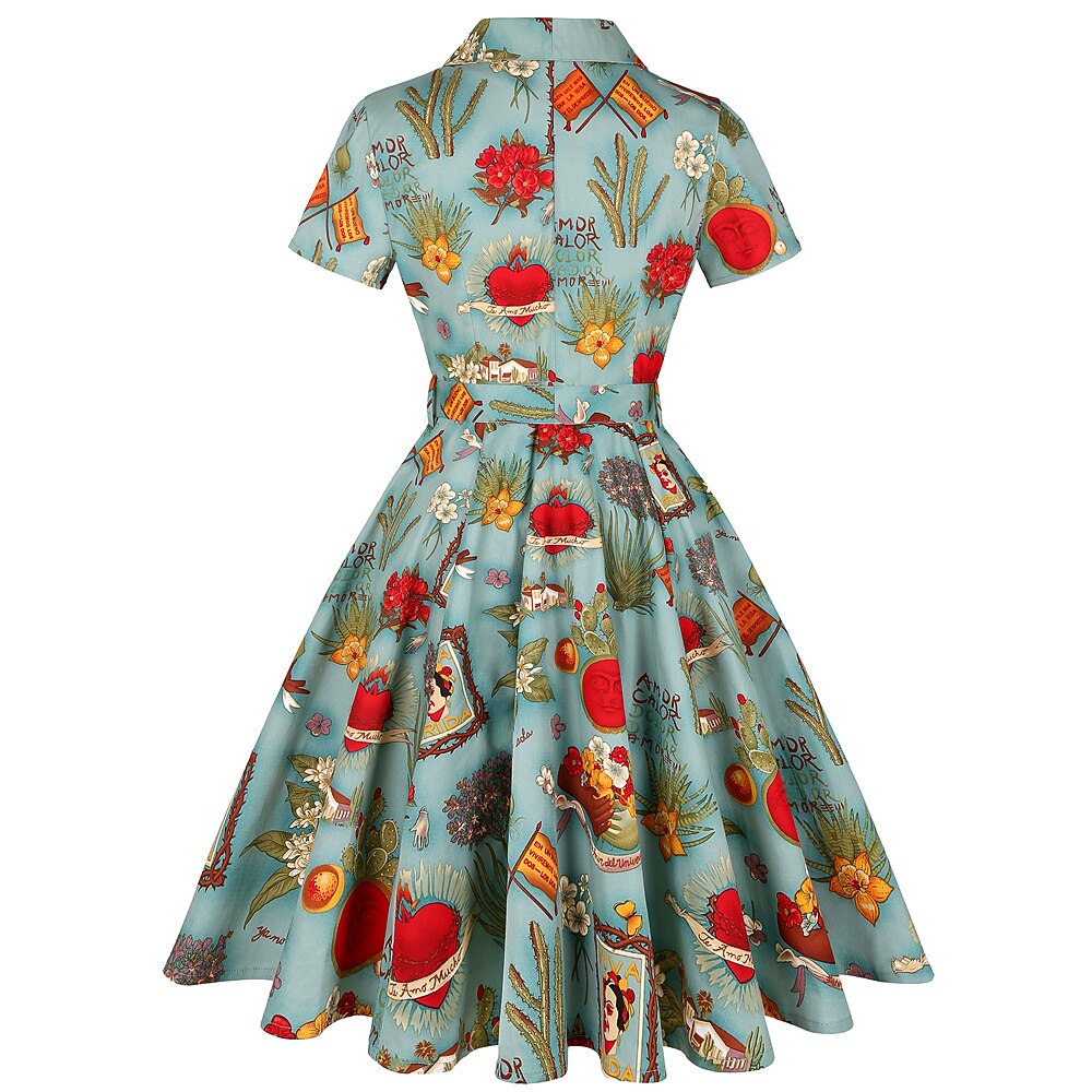 Women's 1950s Tropical Pin-up Print Lapel Collar Swing Dress