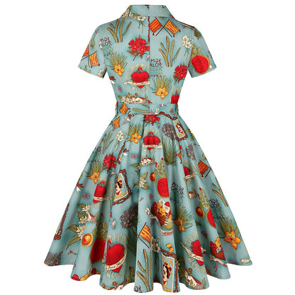 Women's 1950s Tropical Pin-up Print Lapel Collar Swing Dress