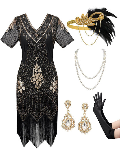 Art Deco V-Neck Flapper Dress with Accessories Set