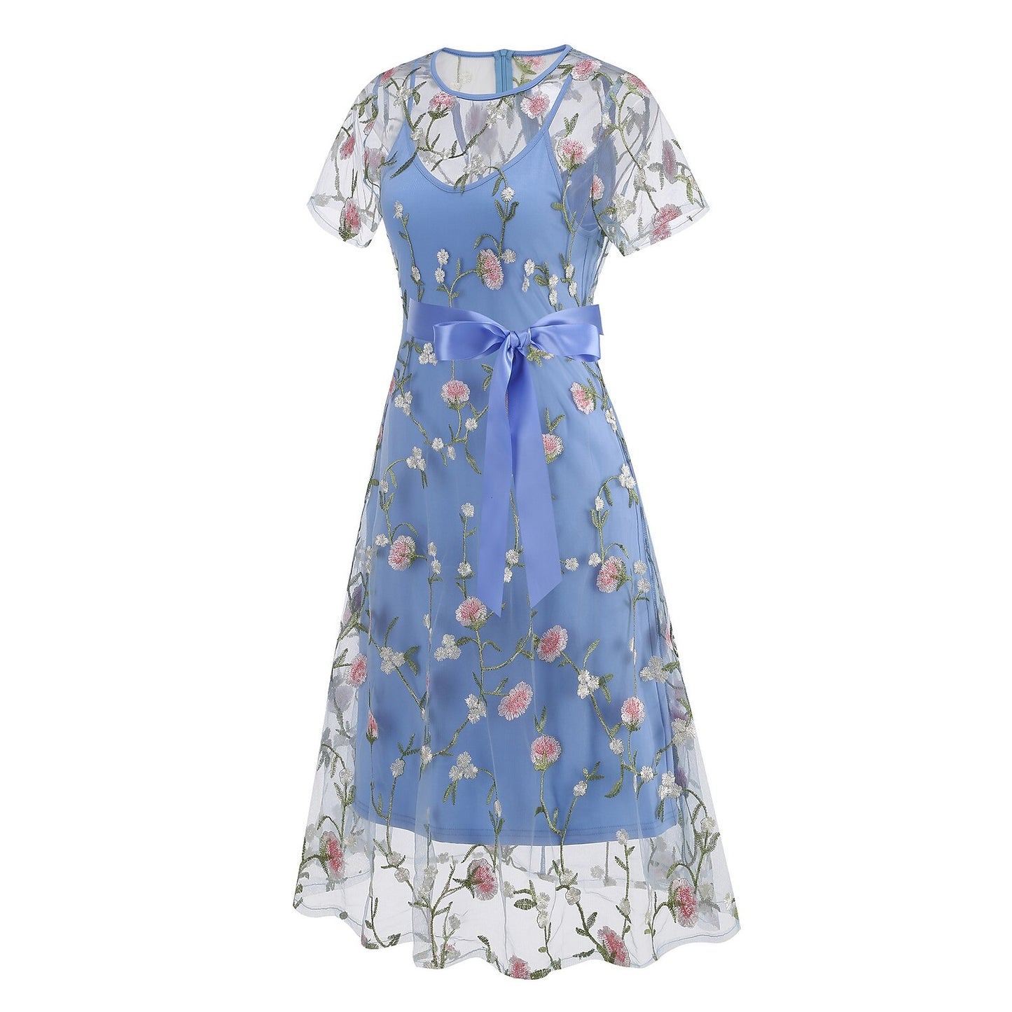 Floral Embroidered Mesh Midi Dress