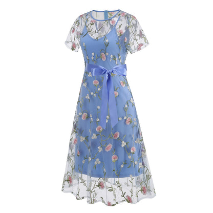 Floral Embroidered Mesh Midi Dress