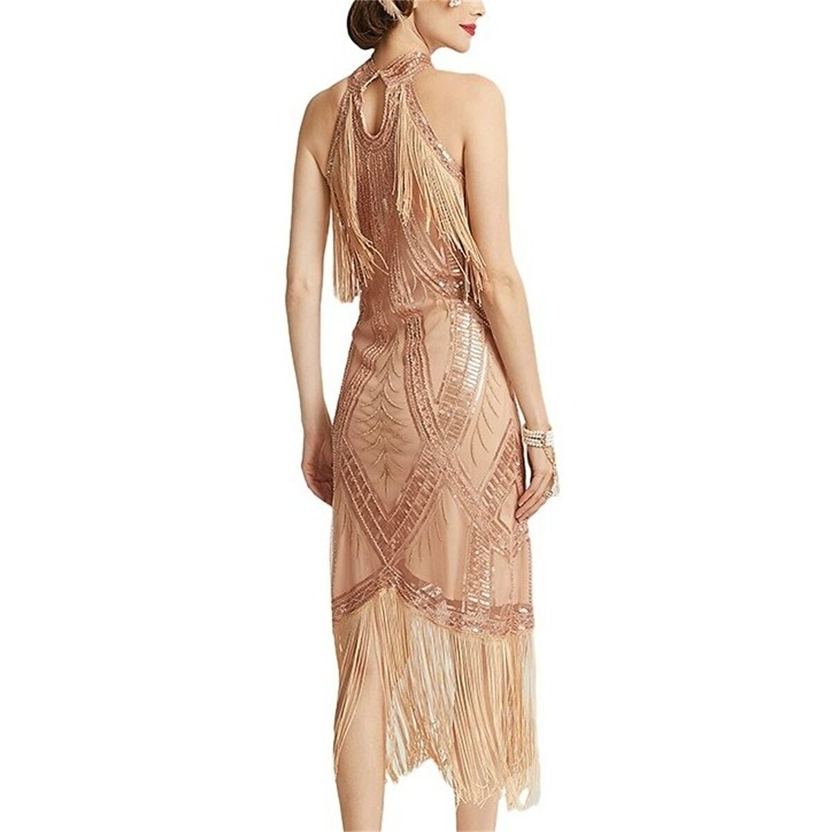 Halter Neck Sequin Flapper Dress with Art Deco Detailing