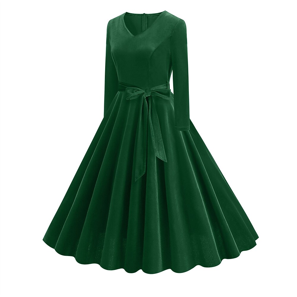 Women's 1950s Velvet V-Neck Long Sleeve Swing Dress